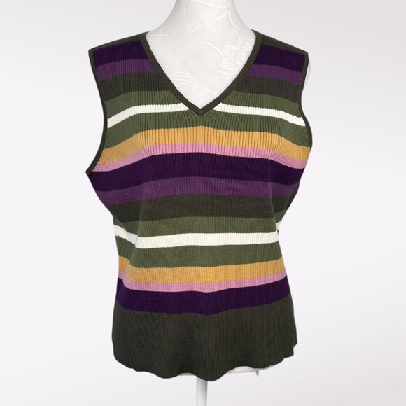 Nine & Co. Striped Cotton Knit Sweater Vest Y2K Olive Purple Large - Picture 1 of 7